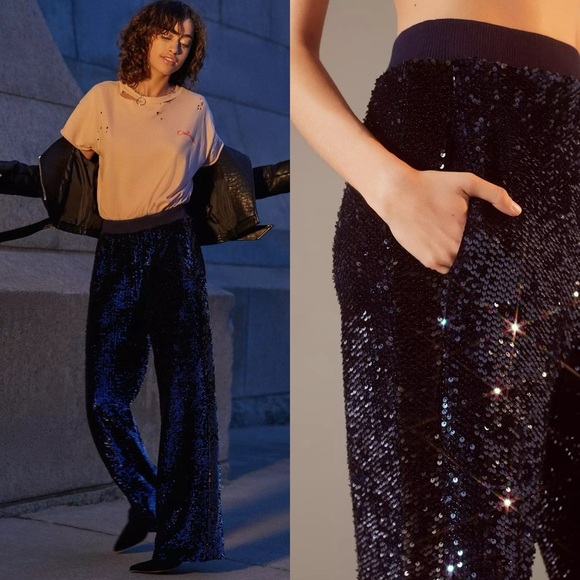 Urban Outfitters Light Before Dark Solene Wide-Leg Sequin Pants Blue Black Small - Picture 3 of 16